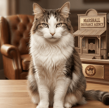 Marshall, the real cat, sitting at his desk at the agency