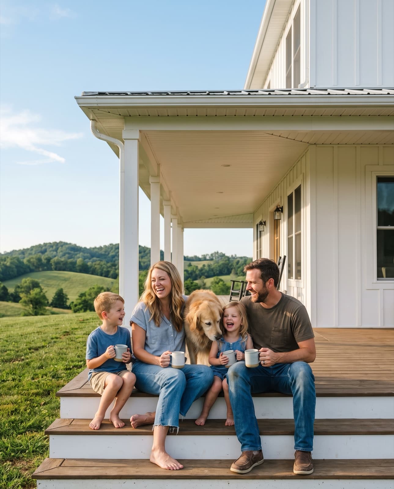A laughing family and their golden retriever having morning coffee on the porch steps of their white Kentucky farmhouse