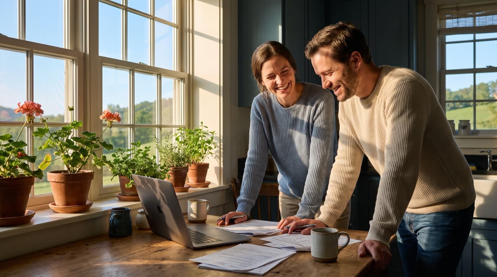 A couple at their kitchen table reviewing coverage options together over coffee