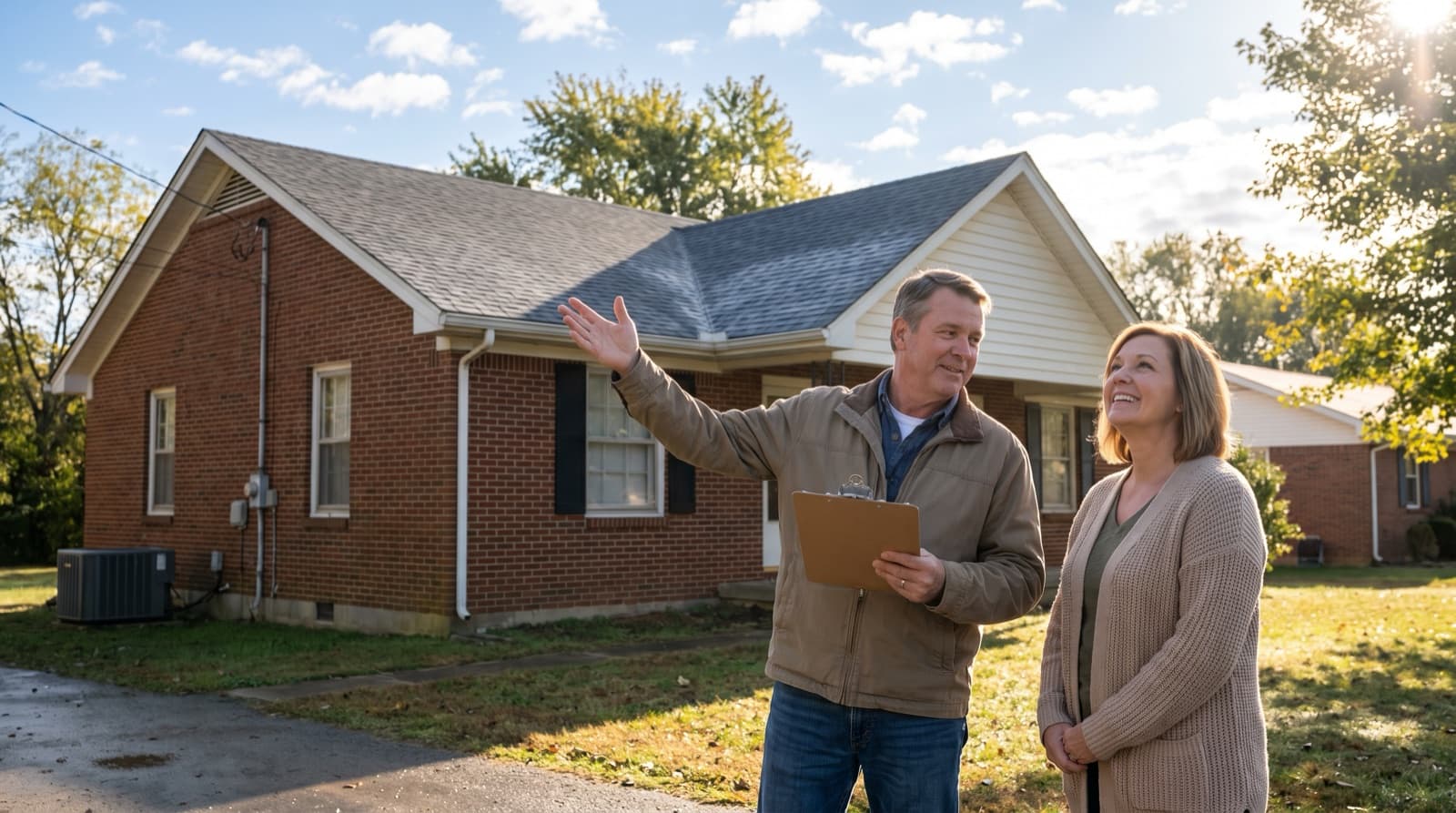 An advisor reassuring a homeowner in front of her repaired house as the sky clears after a storm
