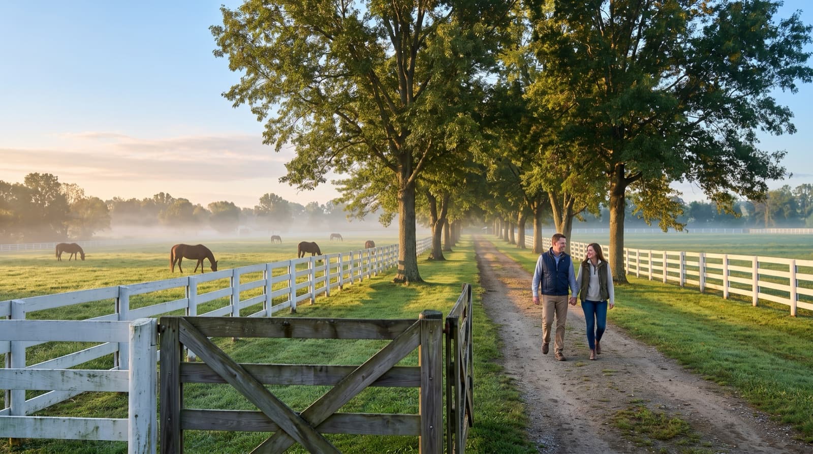 Bluegrass horse country at morning: white plank fences, grazing thoroughbreds and a tree-lined lane